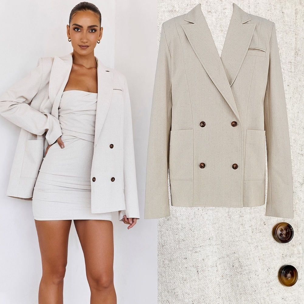 Mistress Rocks Linen Oatmeal Neutral Beige Oversized Blazer Double Breasted XS